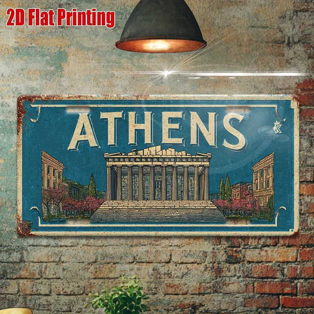 Athens Metal License Plate Sign - Retro Travel Wall Art with Athens Parthenon Design Blue White Aluminum Decor for Home Bar D260314