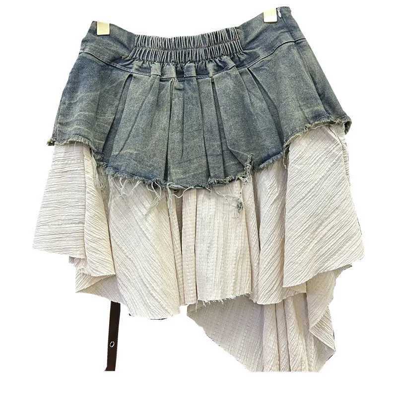 RETRO Spliced Denim Pleated Skirt for Women Summer New Temperament Hot Fashionable High Waist A-line Skirt M260314