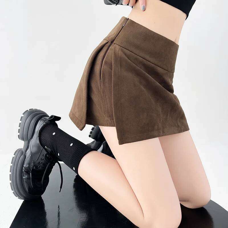 Solid Color Suede Women's Autumn Winter Fashion High Waisted A-Line Bodycon Flared Slit Short Pants Skirt Z260314