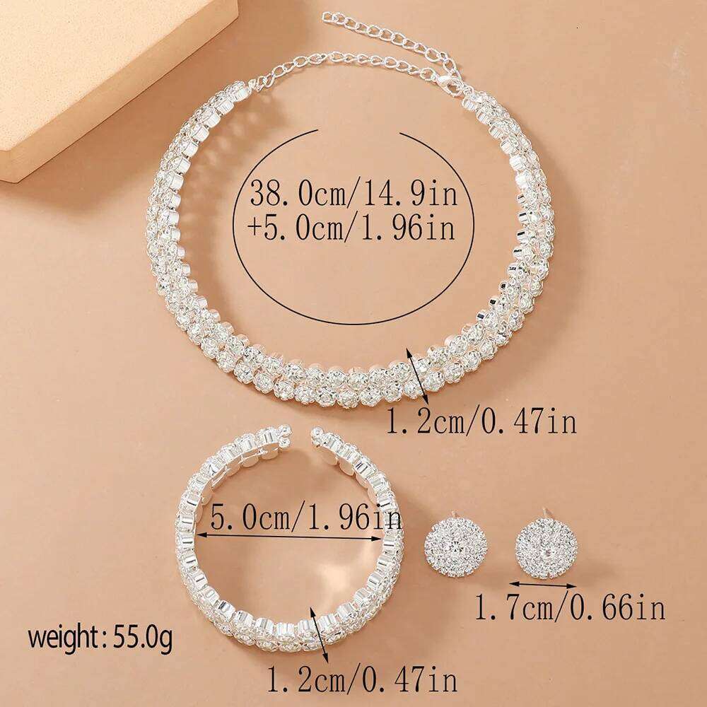 Light Luxury Double Layer Choker Necklace for Women Full Rhinestone Cuff Bracelet Stud Earring Braidal Wedding Party Jewelry Set Z260313