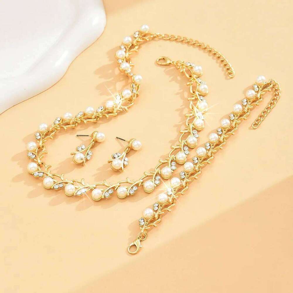 Vintage Gold Pearl & Zircon Jewelry Set - Necklace Bracelet + Earrings for Bridal Wedding Party Z260313