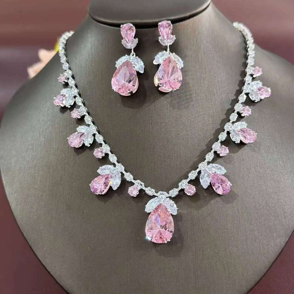 3PCS universal fashion trend zircon luxury necklace earrings pink tulip suit ins live burst wear skirt Z260313