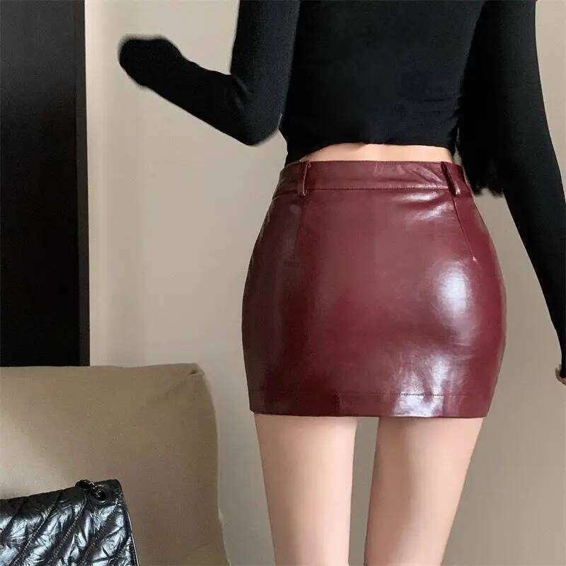 2025 New Sexy Red Pu Leather Women's High Waist A-shaped Skirt Z260314