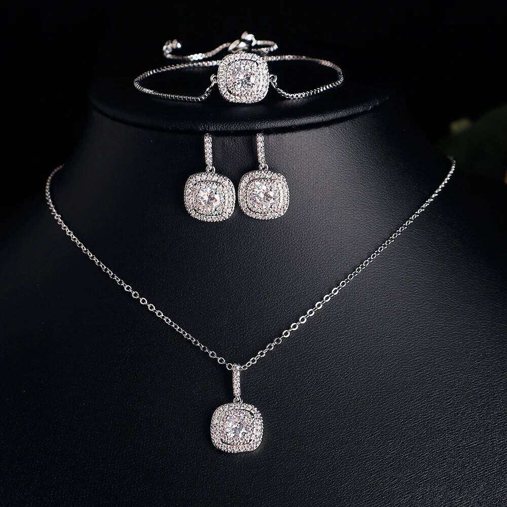 ZAKOL 3 Pcs Brilliant Micro Paved Zirconia Square Earring/ Necklace/Bracelet Set for Women Gorgeous Wedding Jewelry Z260313