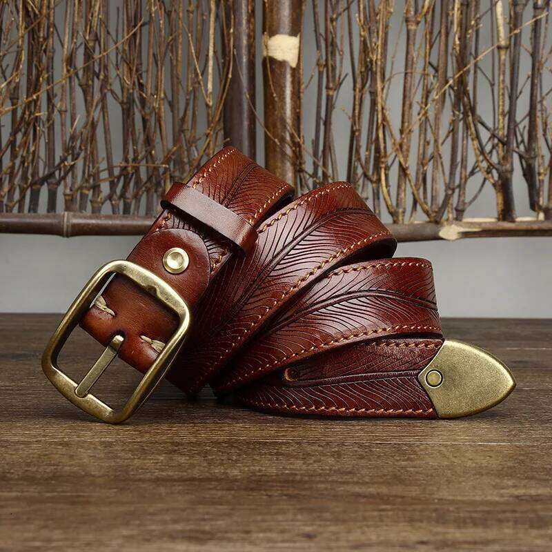 3.8CM wide thick double-sided vegetable tanned top layer cowhide copper needle buckle men's genuine leather full grain belt Z260226