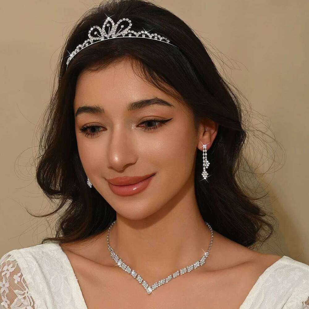 Ladies' Fashion Simple Design Geometric Diamond Elegant Crown Necklace Earrings Jewelry Set Z260313