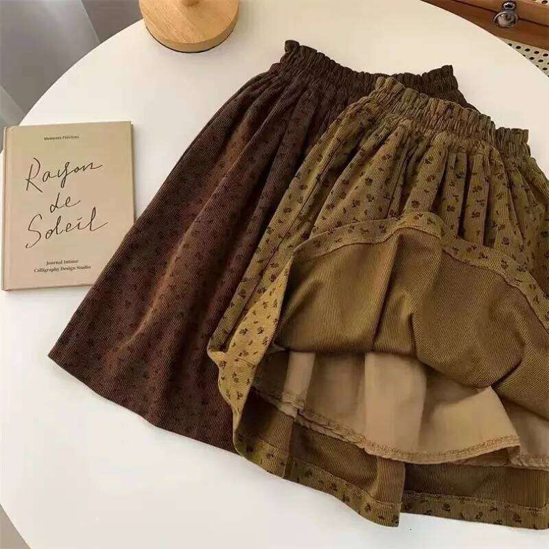 2025 Autumn New Girls' Vintage Floral Peplum Skirt French Bohemian Style Deep Caramel Z260314