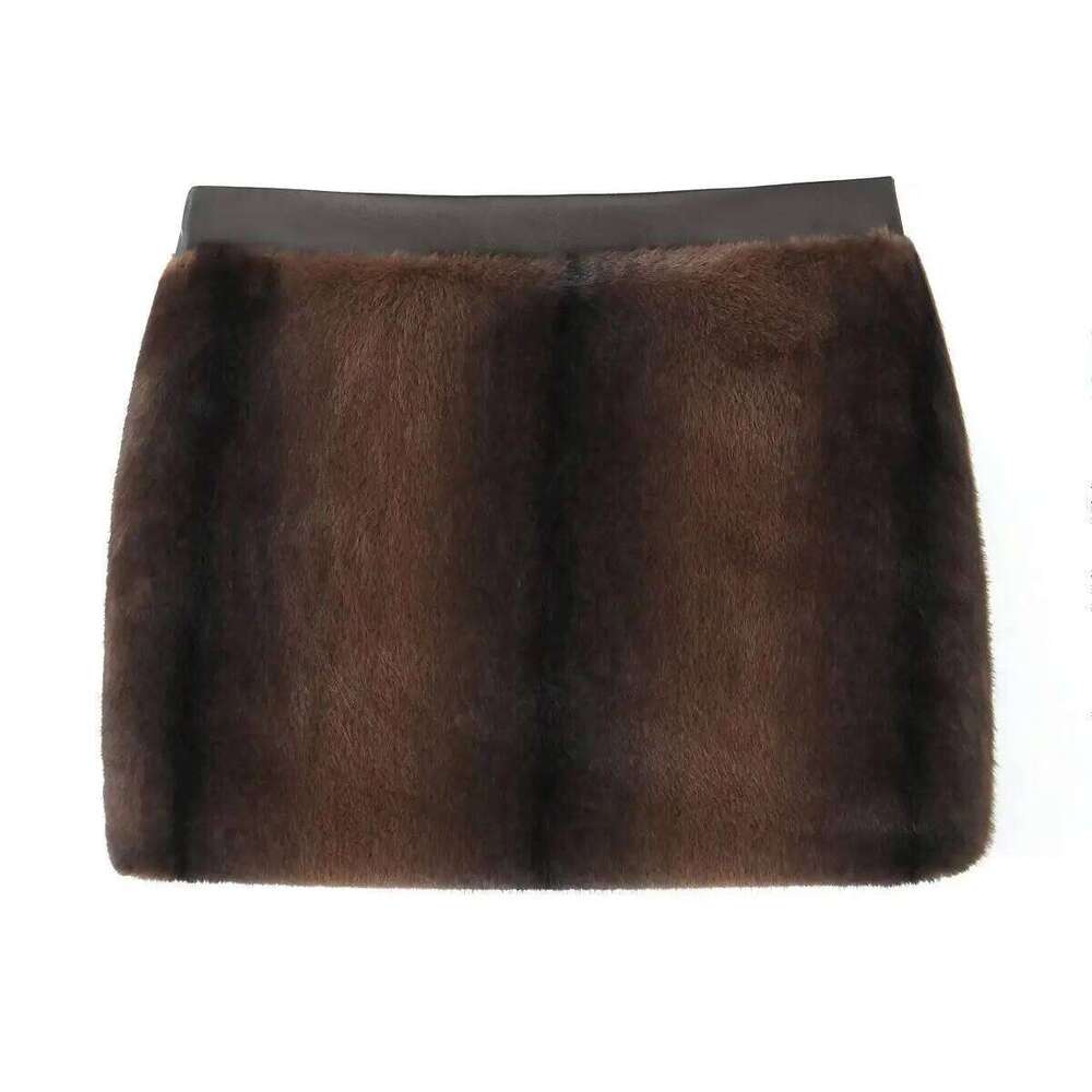 Autumn Winter Faux Fur Skirt For Women High Waist Dark Brown Simple Party American Casual Fashion Female Plush Short Skirts Z260314