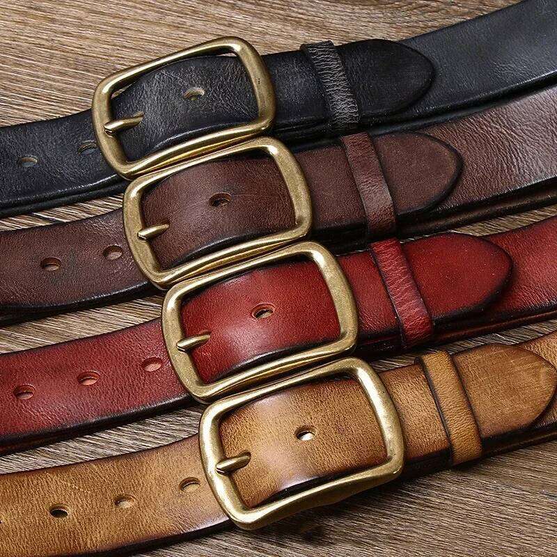 3.8cm Top Cowhide Fashion High Quality Genuine Leather Men Copper Buckle Strap for Male Wide Luxury Retro Belt Z260226