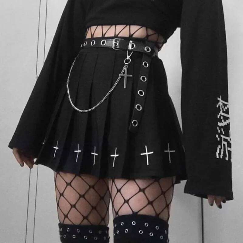2020 Women Harajuku Sweet Fresh Feeling High Elastic Waist Cross Embroidery black skirt Pleated Skirt Z260314