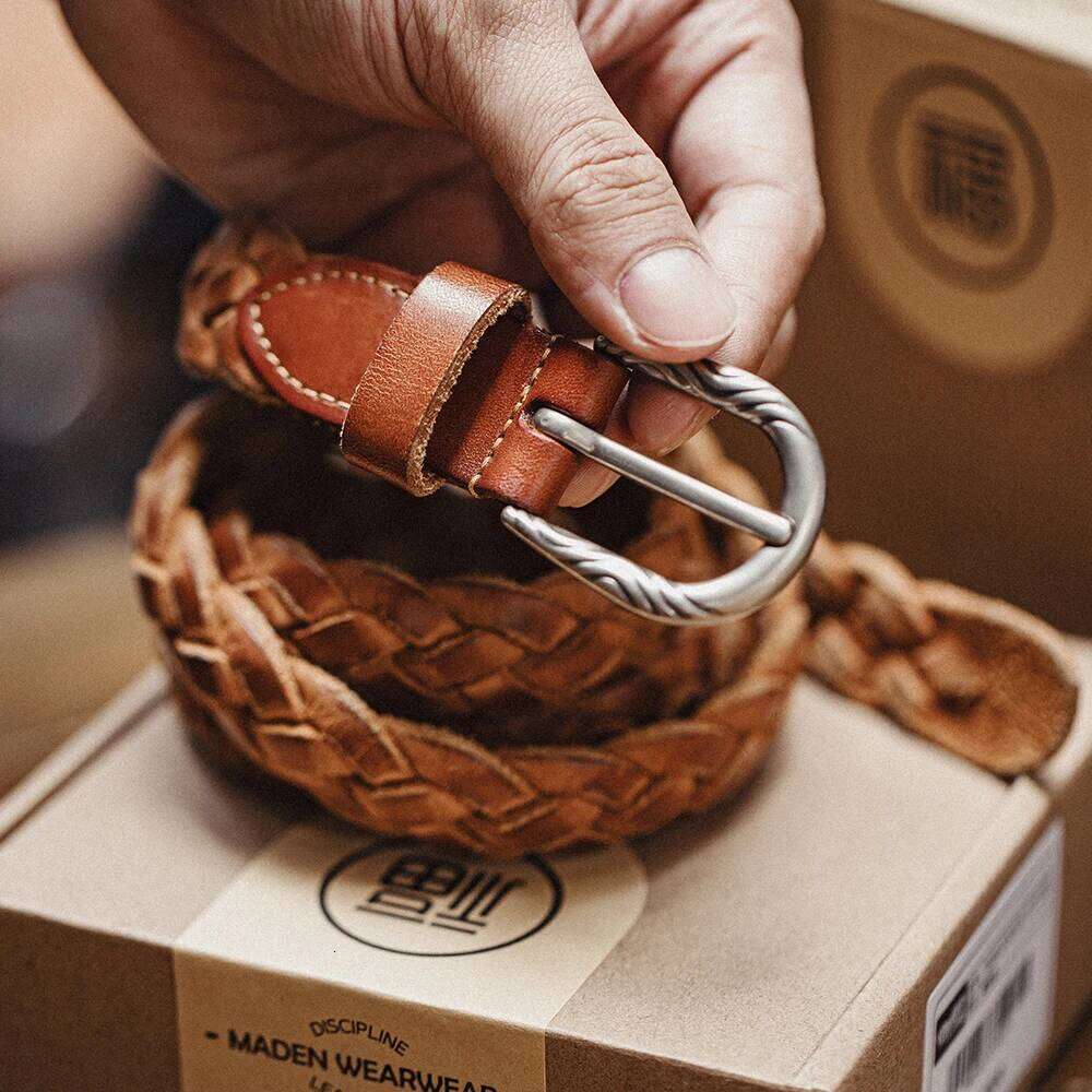Maden Vintage Woven Two-Layer Vegetable Tanned Cowhide Belt for Men's Versatile Brown Accessory Z260226
