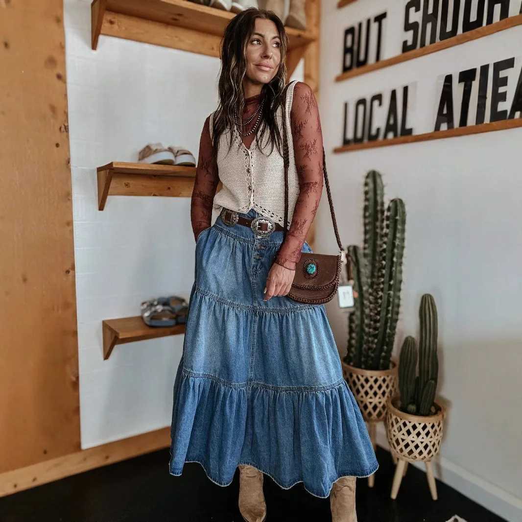Bohemian Style Cowboy Skirt Women Personalized Street Fashion A-line Tiered Cake Denim Skirts All-match Commuting Clothing New M260314