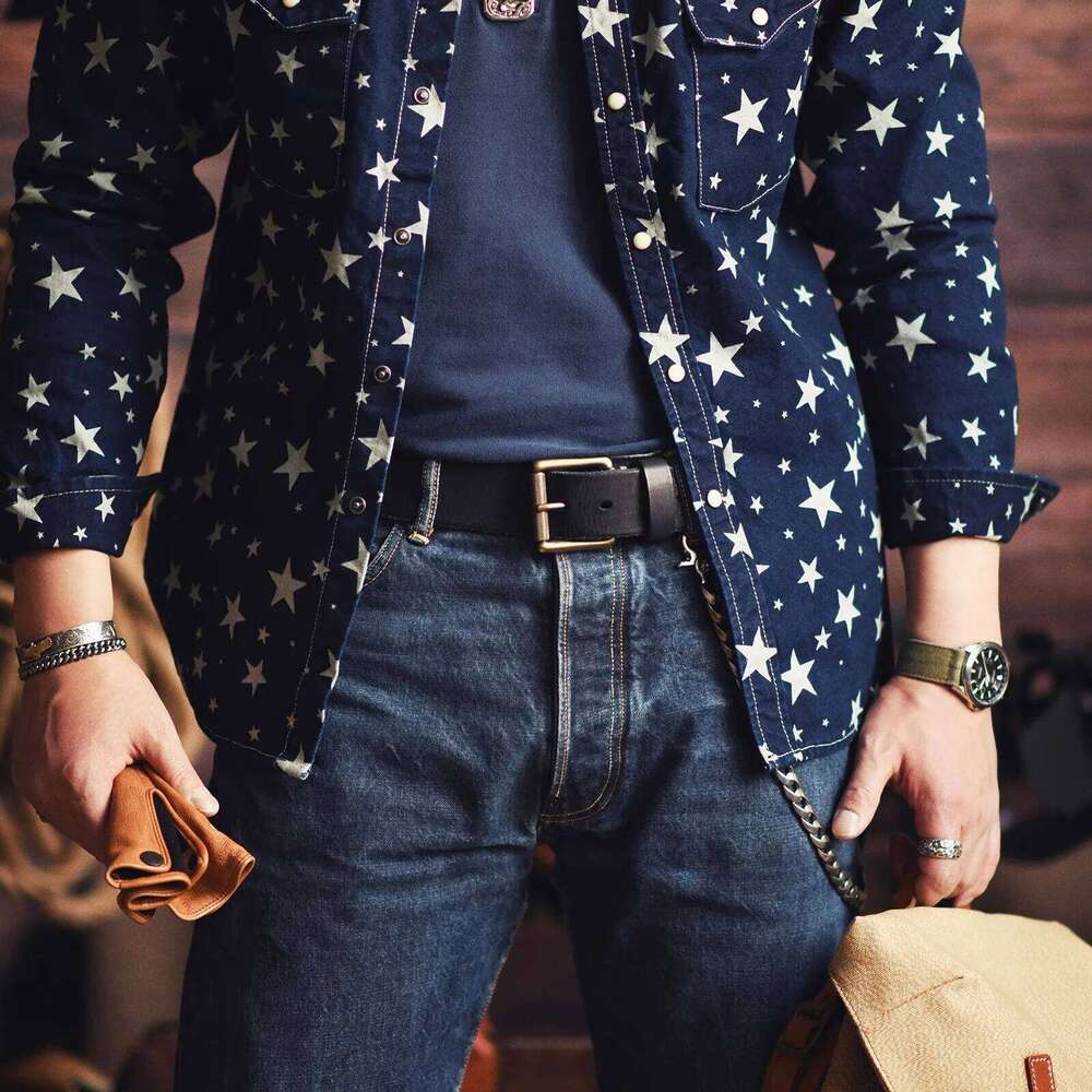 4cm Wide American Handmade Extra Thick Cowhide Men's Vintage Brass Pin Buckle Genuine Leather Jeans Tooling Motorcycle Belt Z260226