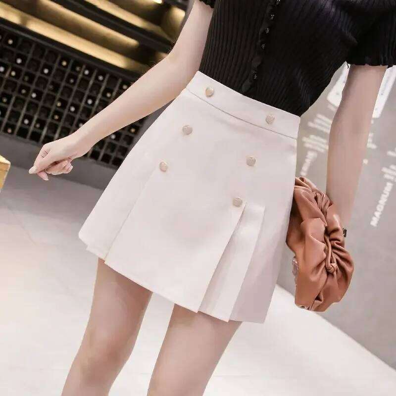 Korean pleated women's summer new high waist slim exposure-proof double-breasted A-line skirt fashion temperament skirt. Z260314