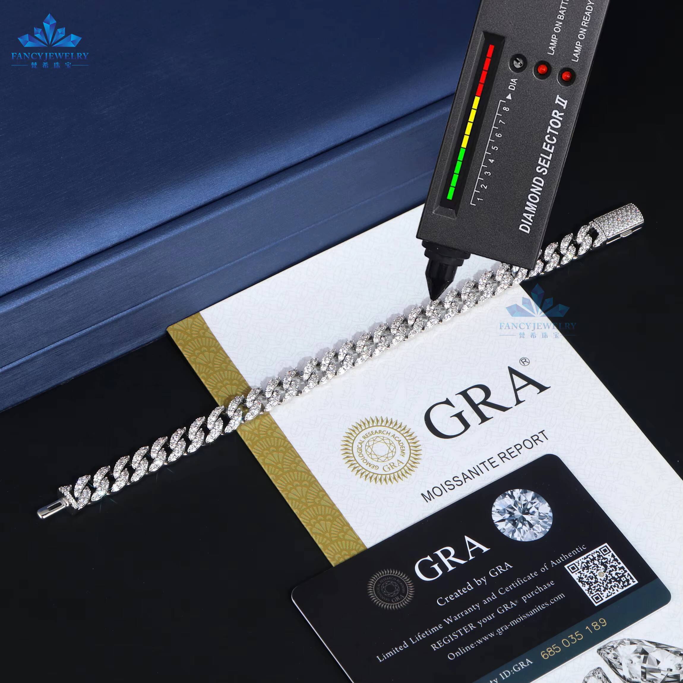 Fashion Jewelry 11mm Width 925silver Hiphop Rock-Candy Tennis Moissanite Bracelet Square Tennis Moissanite Chain