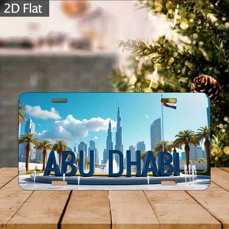 2D Flat 1pc Abu Dhabi Cityscape Aluminum Sign - 6x12 Inch Decorative Metal Car Accessory with Burj Khalifa and Palm Trees D260314