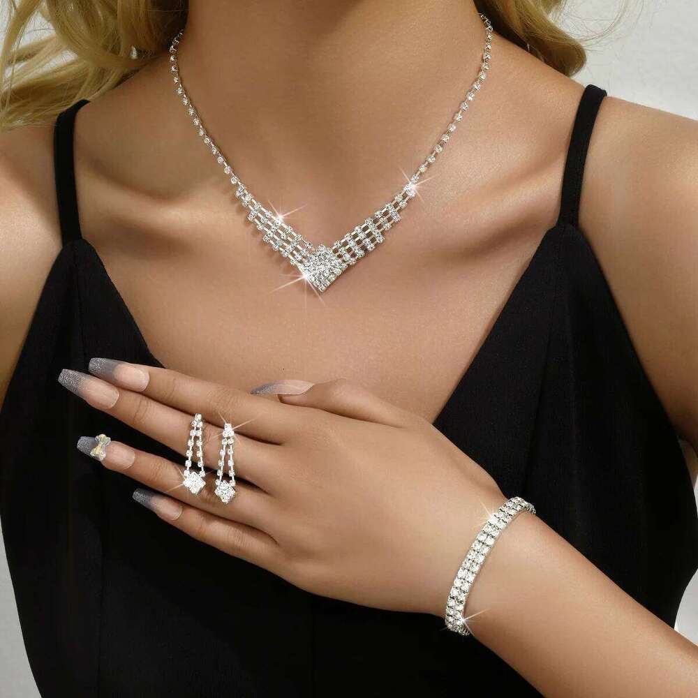 Ladies' jewelry set with geometric square minimalist rhinestone necklace, earrings, bracelets, wedding accessories Z260313