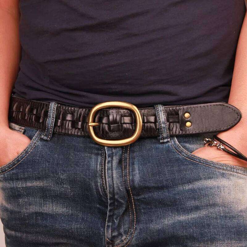 Vintage Luxury Handmade Leather Weave Copper Buckle Men's Cowhide Retro All-match Casual Jeans Soft Belt Z260226
