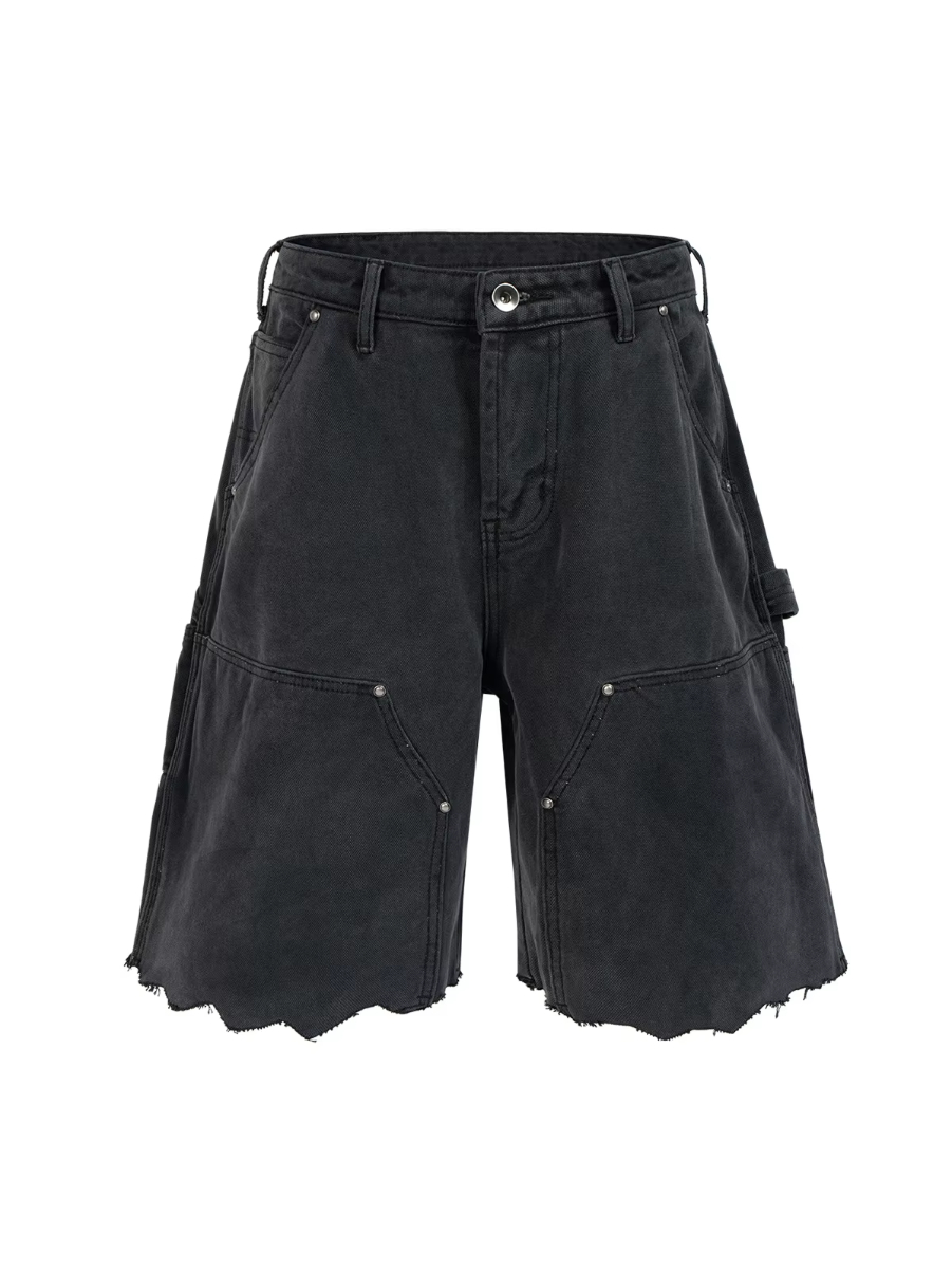 MIJKO Unisex Work Shorts Spring Summer Rivet Pocket Logger Cat Whisker Fuzzy Edge Cuff Trendy for Men And Women TJ174