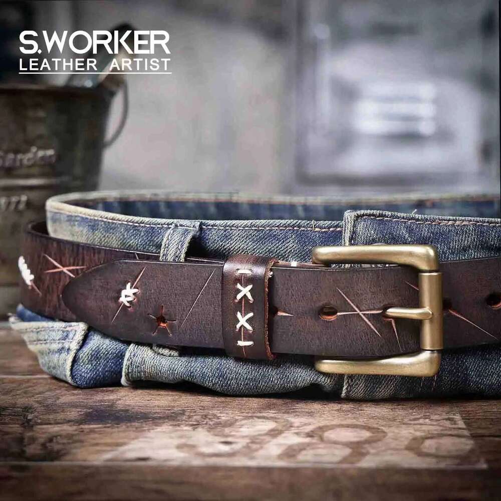 Vintage Genuine Leather Men's Belt Solid Brass Buckle, Handmade Casual Pin Buckle Thickened Italian Cowhide With Gift Box Z260226