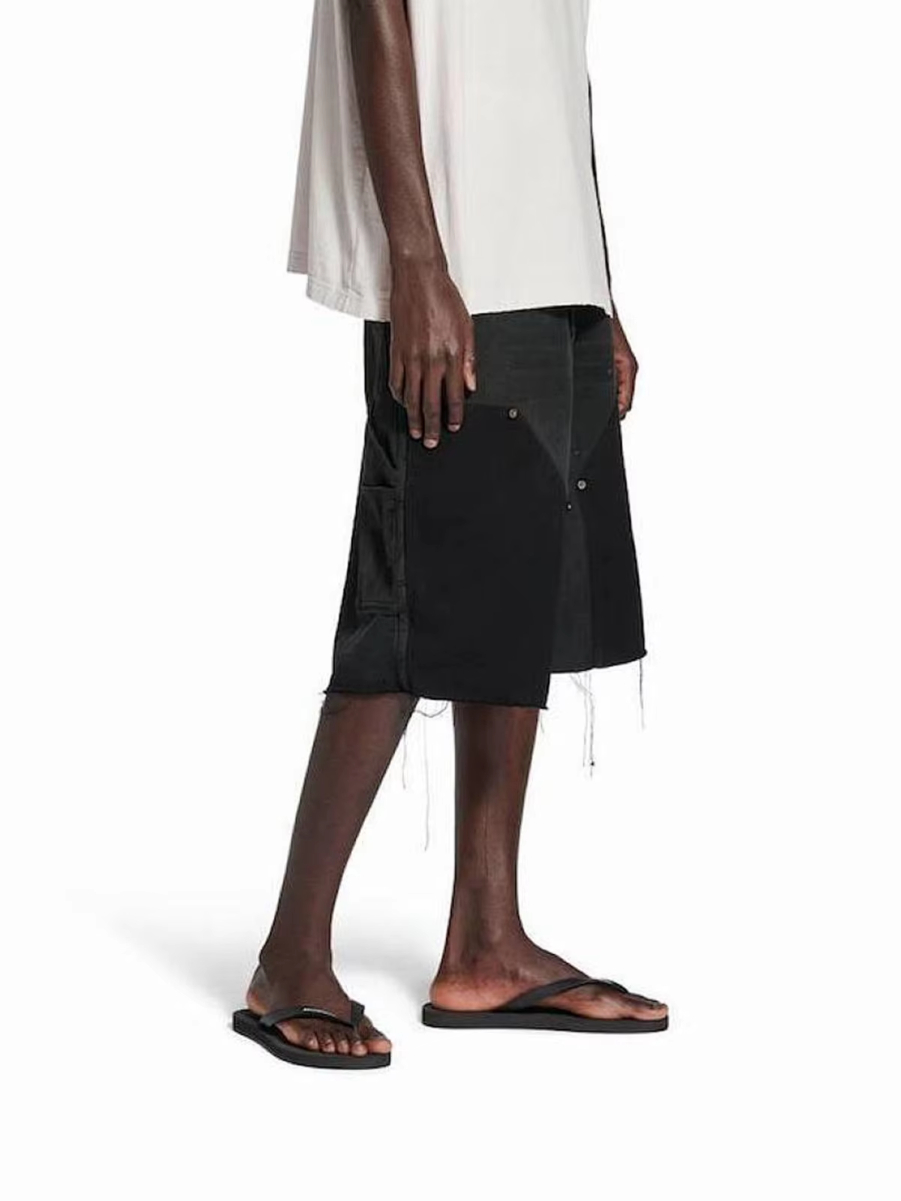 MIJKO Washed Logger Shorts Unisex Cat Whisker Fuzzy Edge Cuff Design Spliced Black TJ170