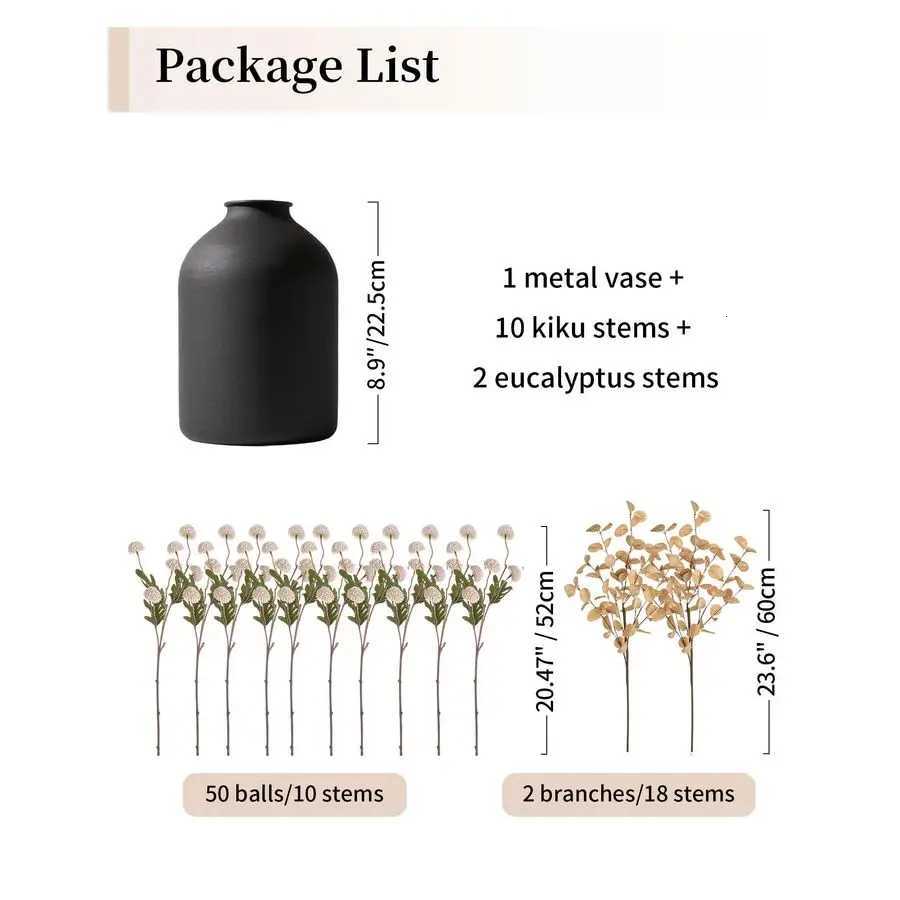 Dining Table Centerpiece Decor Metal Vase with 12 Stems of Fake Mums Kiku Flower Eucalyptuses for Living Room Beige Artificial P Y260314