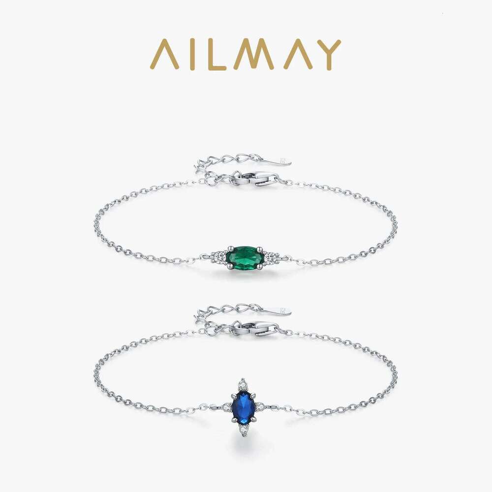 Ailmay 925 Sterling Silver Green Blue Oval Zircon Chain Bracelet For Women Simple Design Fine Hypoallergenic Jewelry Z260313