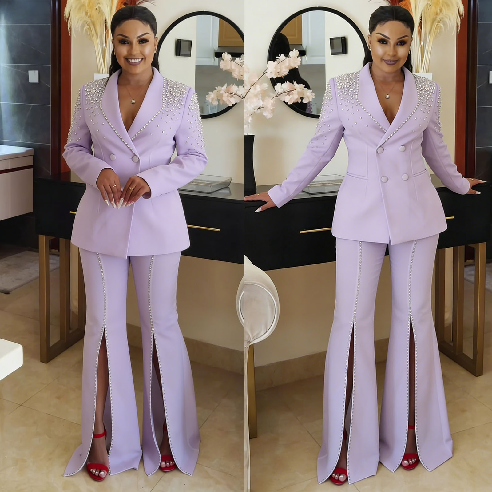 Sparkle Crystal High Slit Women Pants Suits 2 Pieces Plus Size Mother Suits Customized Wedding Guest Party Show Outfit