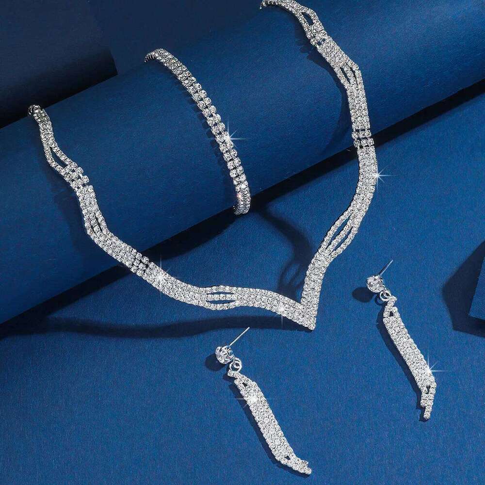 V-Shaped Crystal Jewelry Set 4Pcs Necklace+Bangle+Earrings Shiny Silver-Plated for Women Party Wedding Evening Accessories Pro Z260313