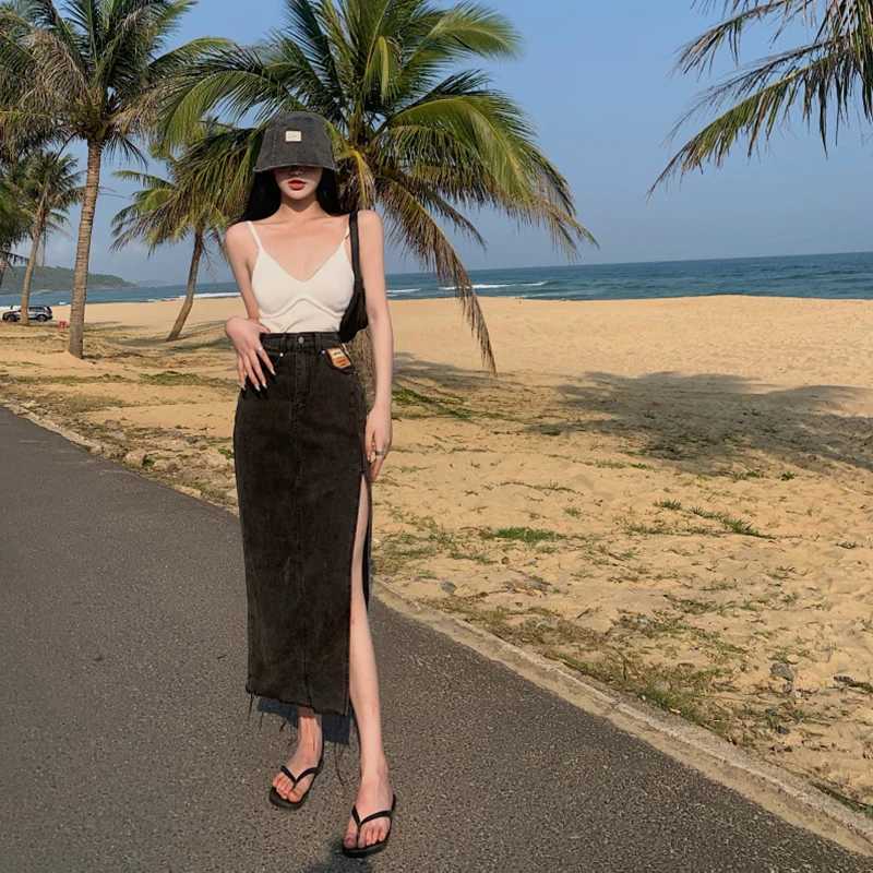 Sexy A-Line Denim Skirt Womens Spring Autumn High Waist Side Split Long Slimming Bodycon Skirt Korean Sle Commute M260314