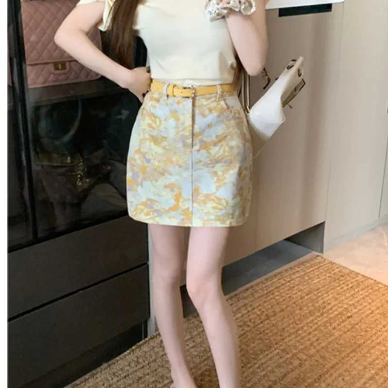 High Waist Tie Dye Denim Skirt with Belt Floral Print Vintage Aosphere Womens Faion Summer New Arrival A-Line Skirt M260314