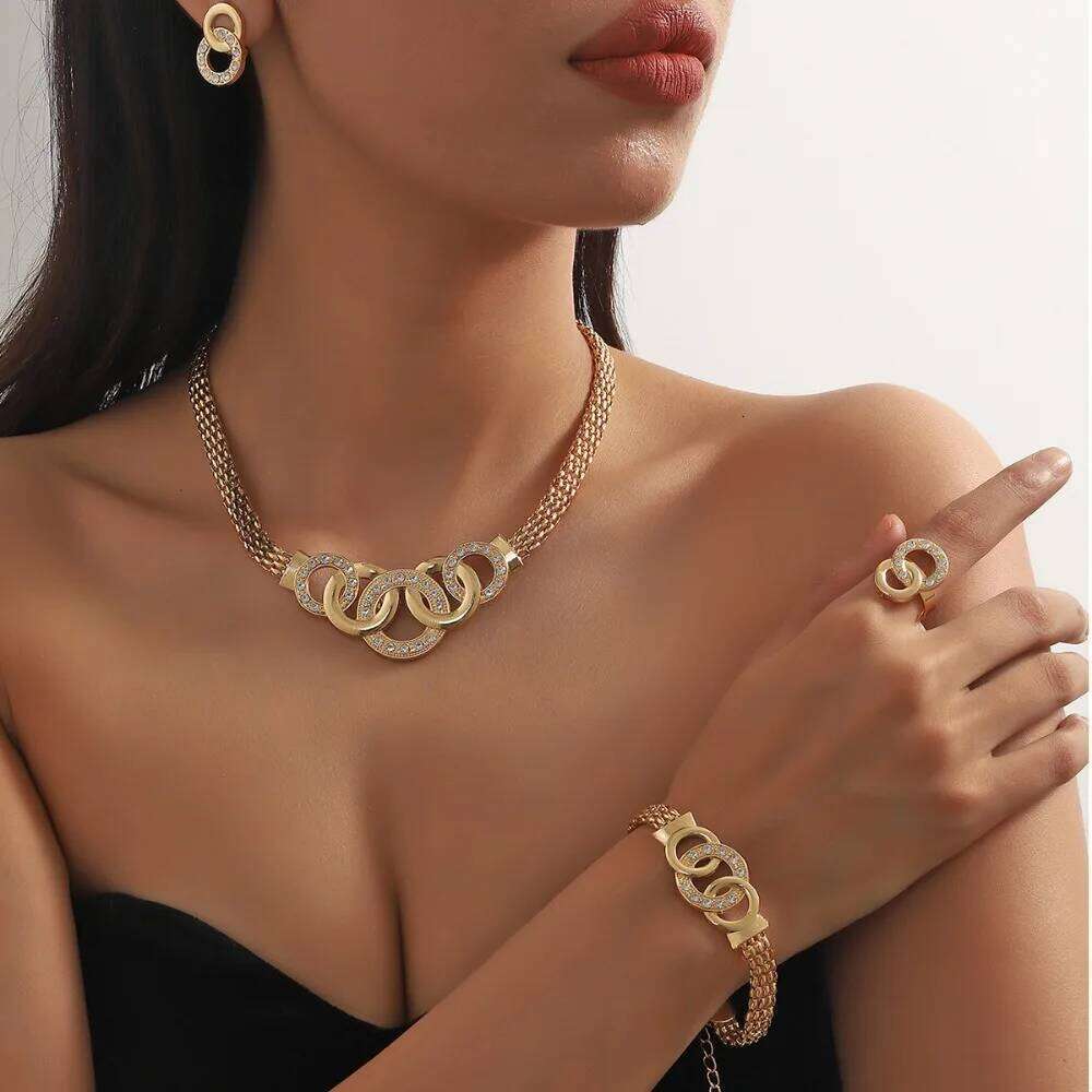 4 Pcs Luxury Gold Color Geometric Circle Zircon Necklace Earrings Ring Bracelet for Women Charm Wedding Bride Jewelry Set Z260313