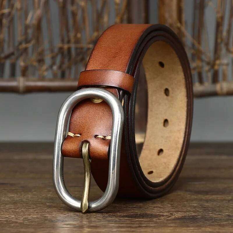 3.3CM Male Retro Natural Thick Cowskin Genuine Leather Casual Stainless Steel Buckle Head Men's Jeans Belt Z260226