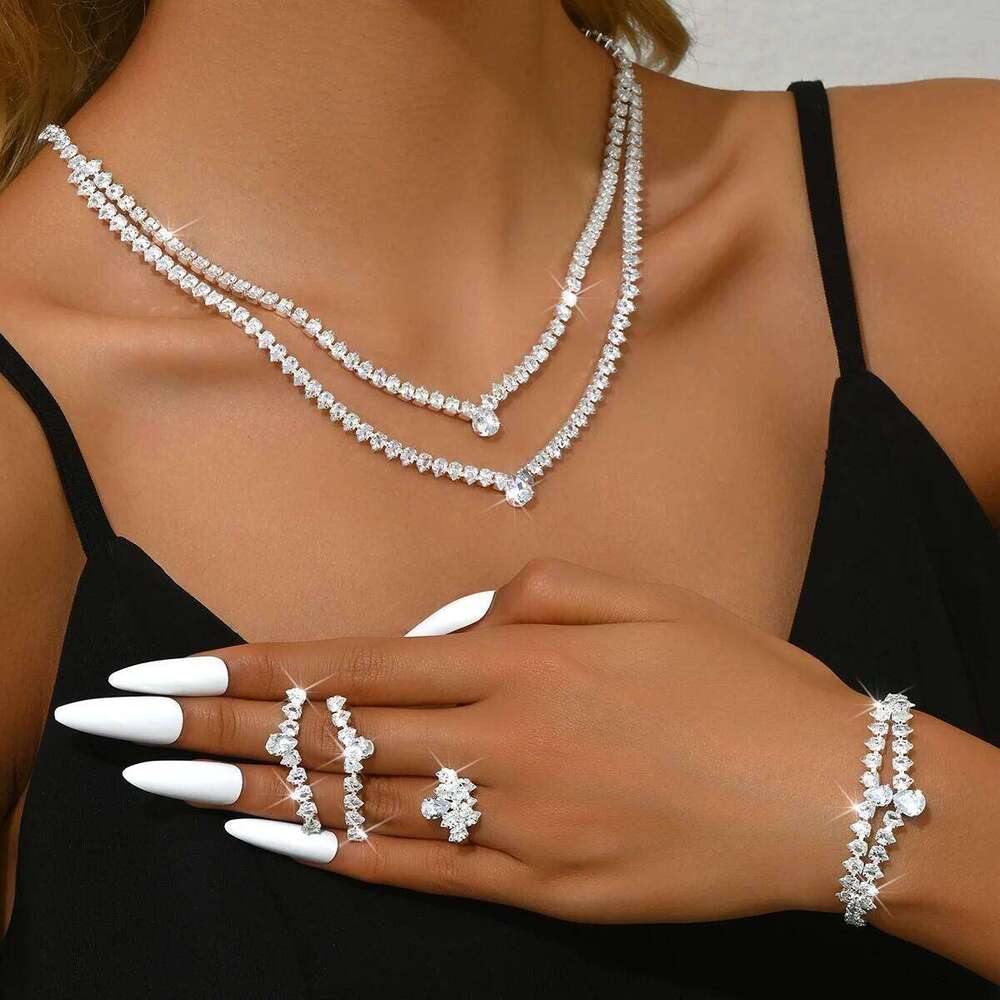 5PC Women's Fashion Zircon Silver Necklace Earrings Bracelet Ring Jewelry Set Suitable for Wedding, Party, Festival Gifts-8573 Z260313