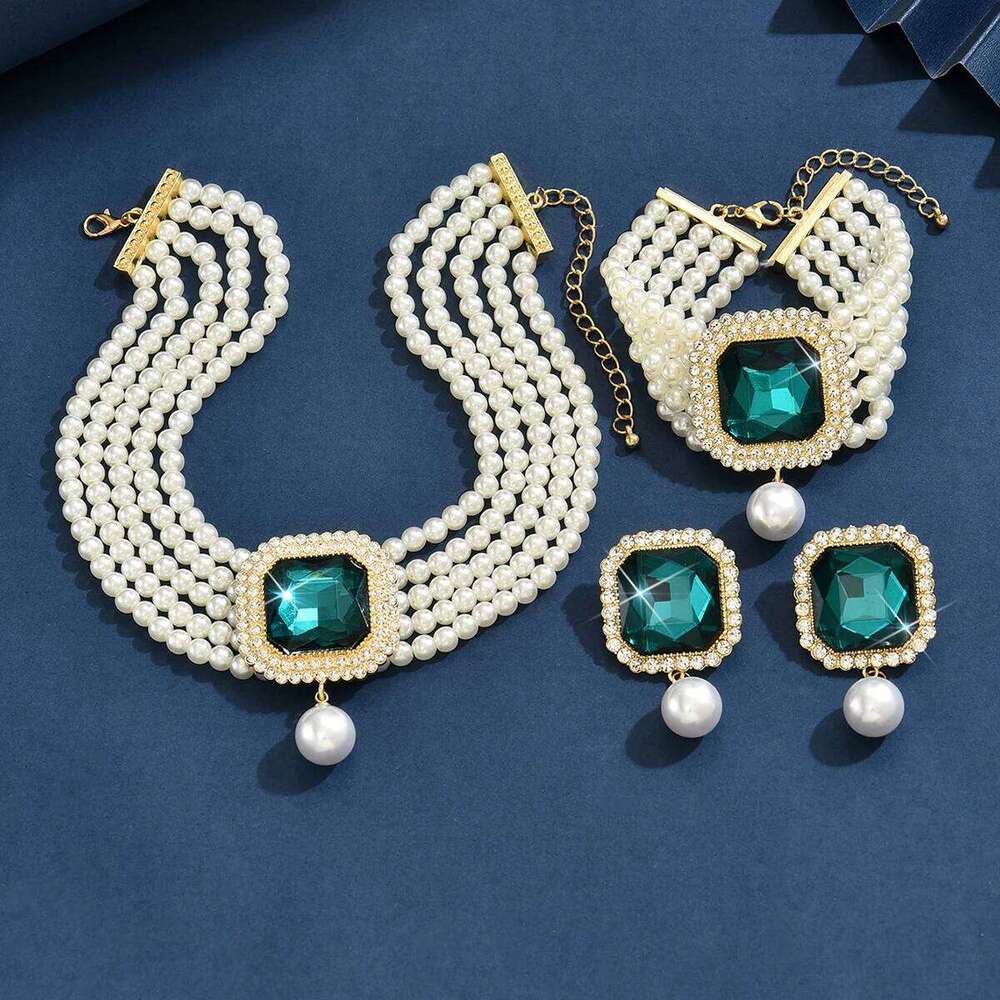 Luxury Pearl Emerald Set for Women Multi-Strand Necklace Bracelet Earrings Daily Party Statement Jewelry Z260313