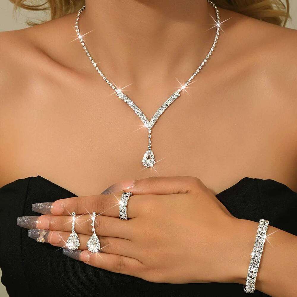 Luxurious 5pcs Silver Color Water Drop Crystal Earrings Necklace Bracelet Ring Jewelry Set for Women Wedding Party Holiday Wear Z260313