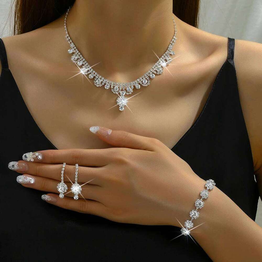 4pcs fashionable rhinestones, flower collarbone necklaces, earrings, bracelets, jewelry sets, women's dress accessories Z260313