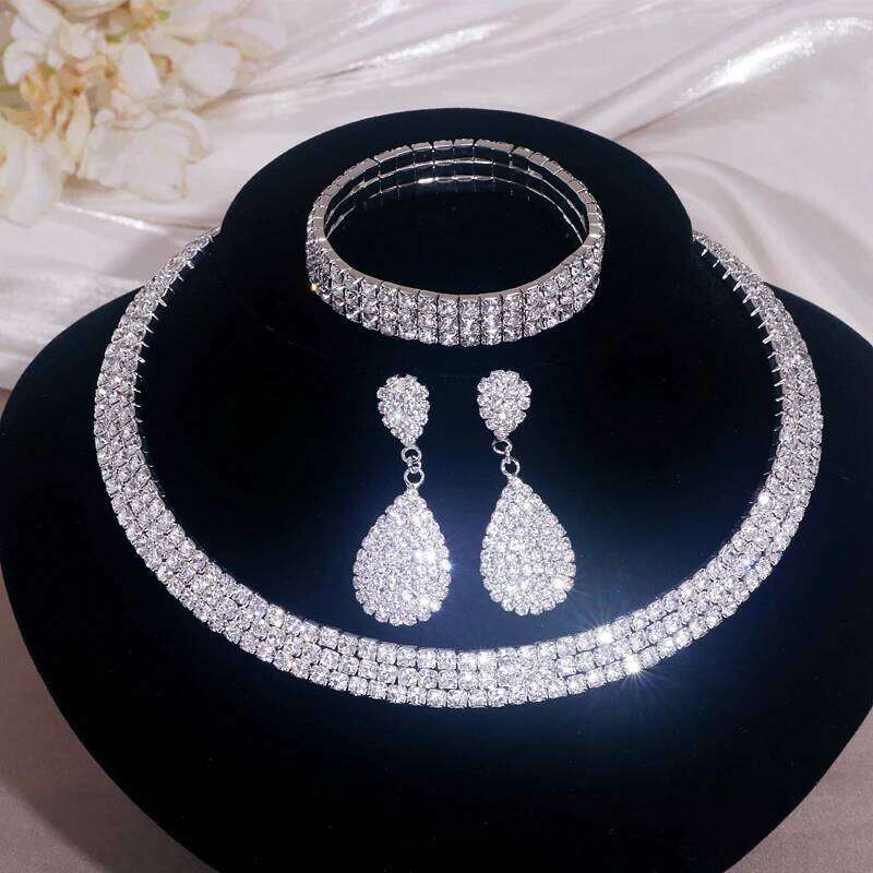 Luxury Round Rhinestone for Women Classic Silver Color Necklace Bracelet Earring Set Bridal Wedding Jewelry Z260313