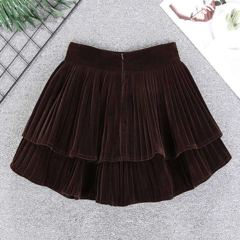 Velvet Tiered Mini Y2K Low-Rise Ruffled Pleated Short Skirt in Brown Black Autumn Winter Vintage Outfit Z260314