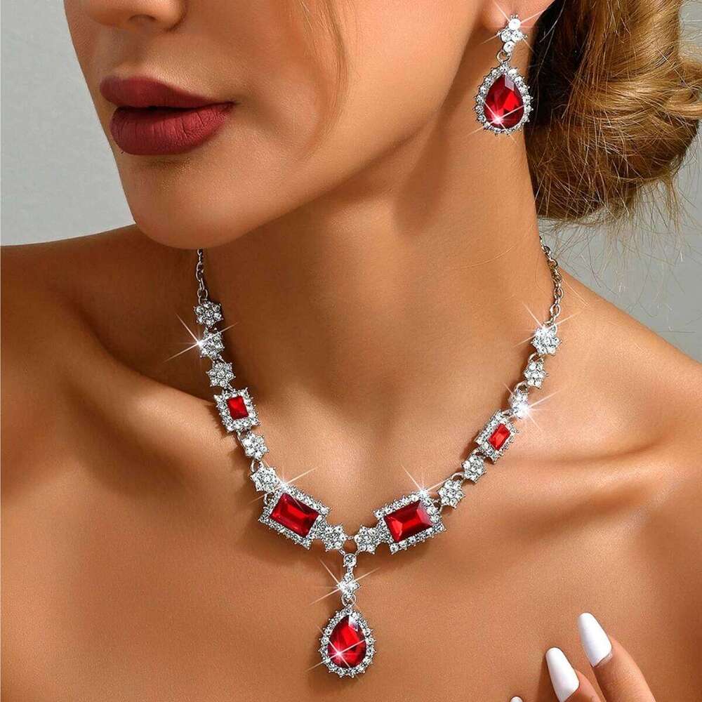 Exquisite diamond studded square water droplet necklace earring set, elegant temperament, collarbone chain, new light luxury hig Z260313