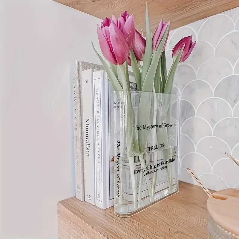 Clear Book Flower Vase - Floral Bookshelf Decor Acrylic Flower Holder Space-Saving Organizer Modern Home Office Decoration Y260314