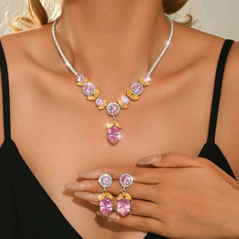 Fashionable trend zircon luxurious exquisite necklace earrings two-piece set wedding dress versatile accessories Z260313