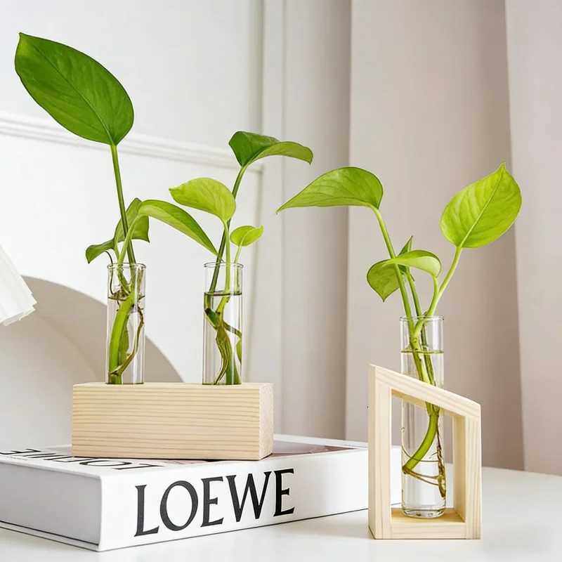 Desktop hydroponic plant glass test tube vase wooden flower stand creative home decoration flower arrangement container ornament Y260314