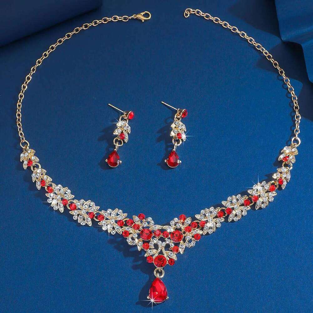 Gold Red Rhinestone Statement Jewelry Set V-Neck Necklace Earrings Bridal Wedding Prom Party Evening Glam Accessories Z260313