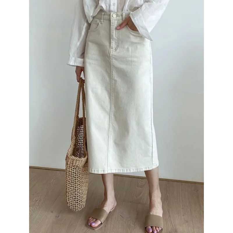 Solid Denim Long Skirts For Women Vintage Casual High Waist Slit A Line Skirts Summer 2025 New Fashion Simple Y2k Skirt Women M260314