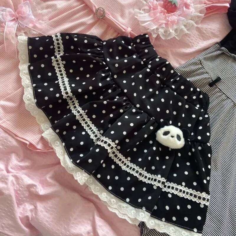 Japanese Black Polka Dot Mini Cake Skirt Summer Kawaii Design Sweet Cute Lace Skirts Harajuku Korea Chic Patchwork Outfits Z260314