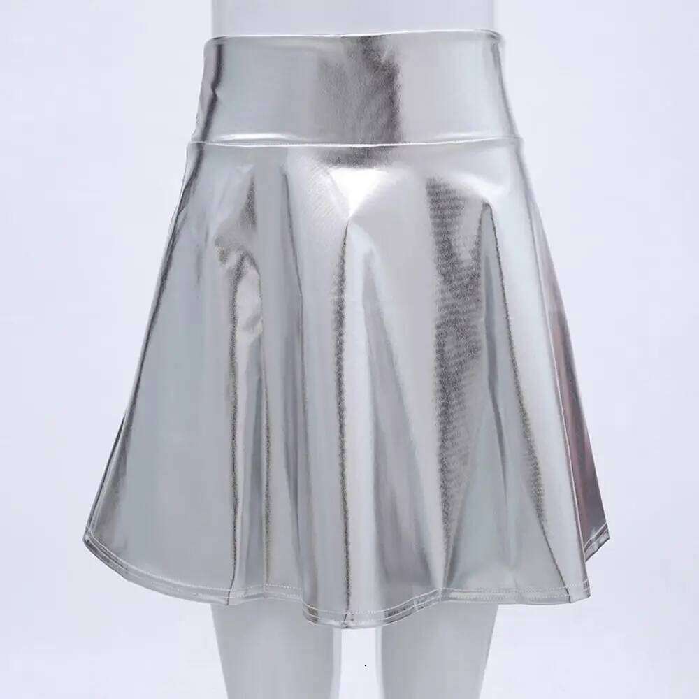 Elegant Metallic Pleated Gold Silver Flared Design A-line Solid Color Retro Girls Short Mini Skirt Clubwear Z260314