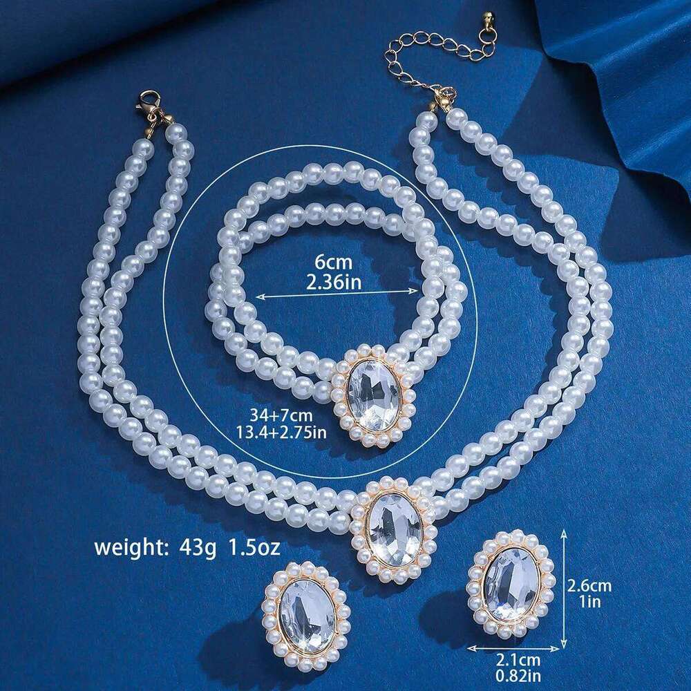 "Vintage Pearl 3-Piece Set Necklace Bracelet Earrings Oval Crystal Party Retro Jewelry" Z260313