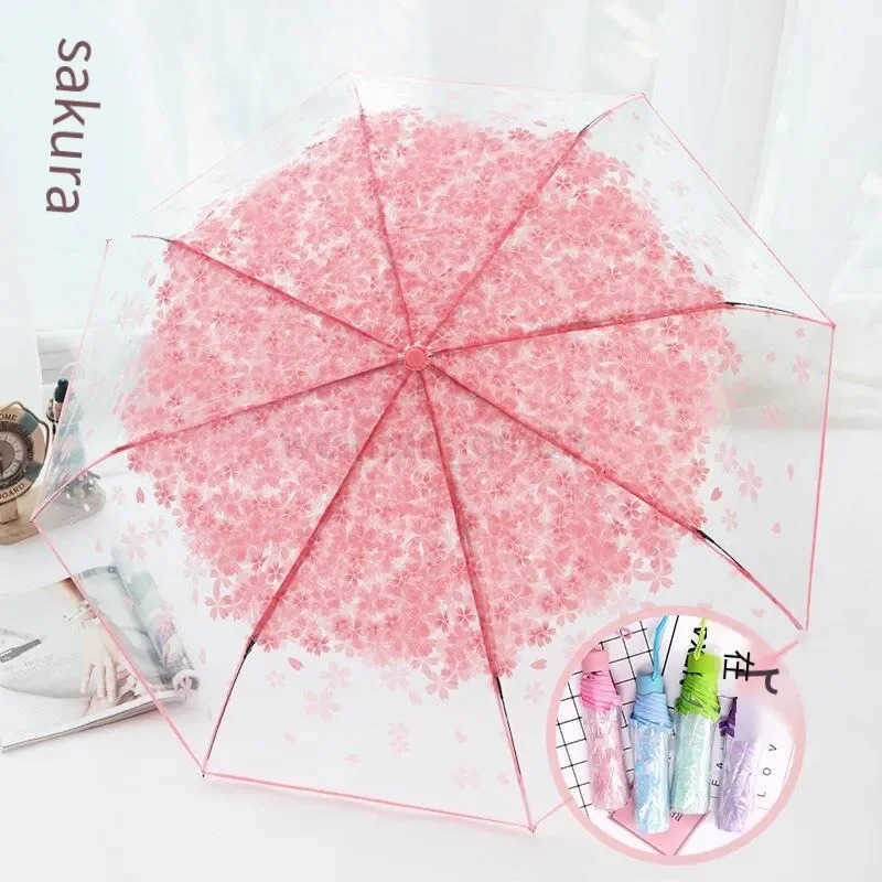 Korean Umbrella Folding Cute Korean Mini Fresh Simple Sen Series Trifold Japanese Cherry Blossom Transparent Umbrella H260314