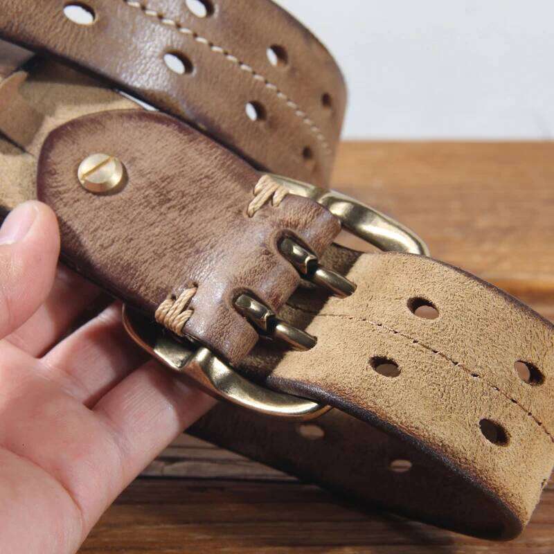 Vintage Men's 3.8cm Wide Breasted 100% Cowhide Double Prong Buckle Handmade Heavy Duty Fashion Jeans Belt Brown Z260226
